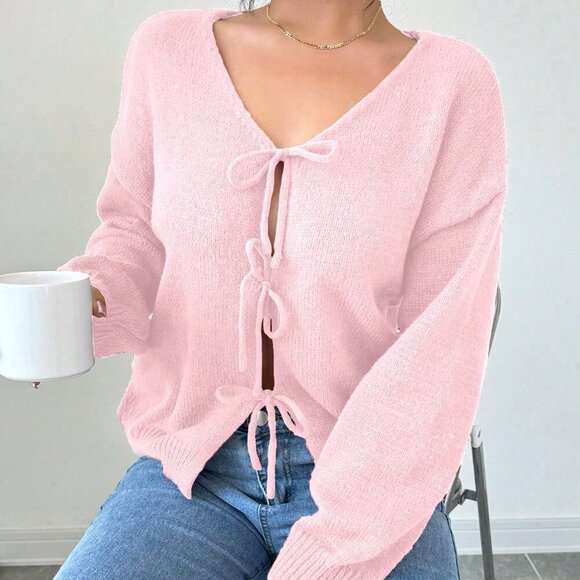 Pink Casual Women's Knit Long Sleeve Cardigan - Picture 6 of 6